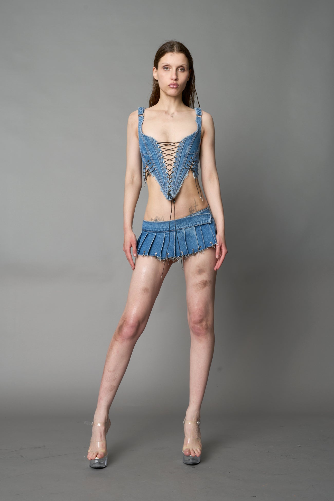 Denim Pleated Mini Skirt With Rings — view 2