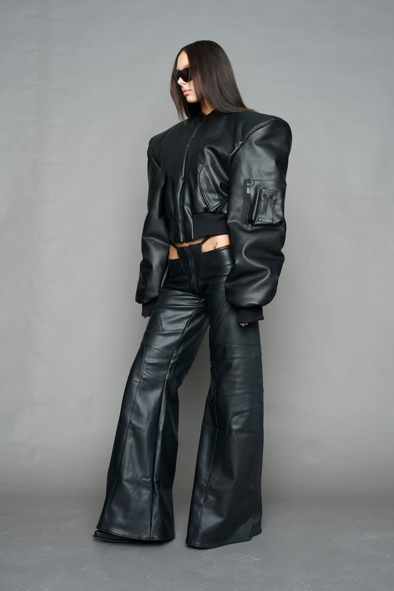 Leather Power Shoulder Bomber Jacket — view 3