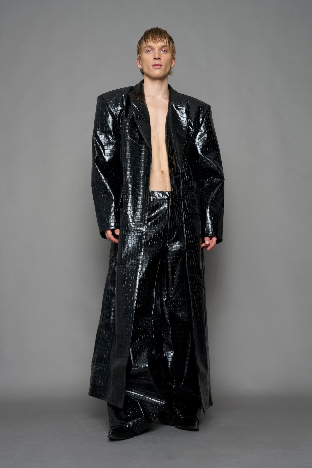 Leather Elongated Croc Blazer Coat — view 4