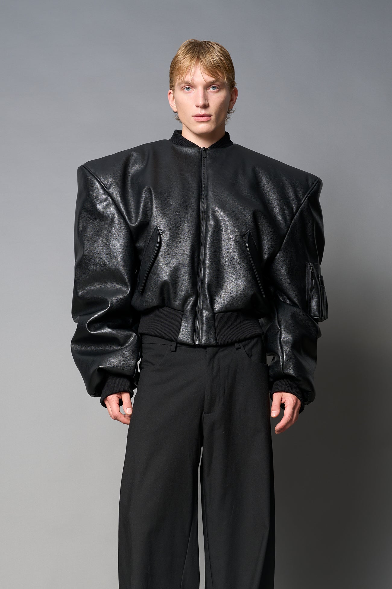 Leather Power Shoulder Bomber Jacket — view 7
