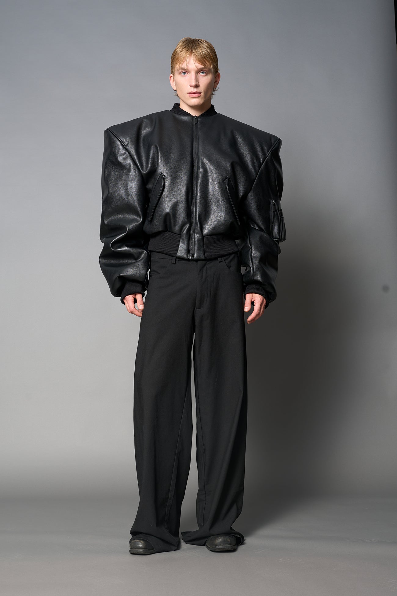 Leather Power Shoulder Bomber Jacket — view 8