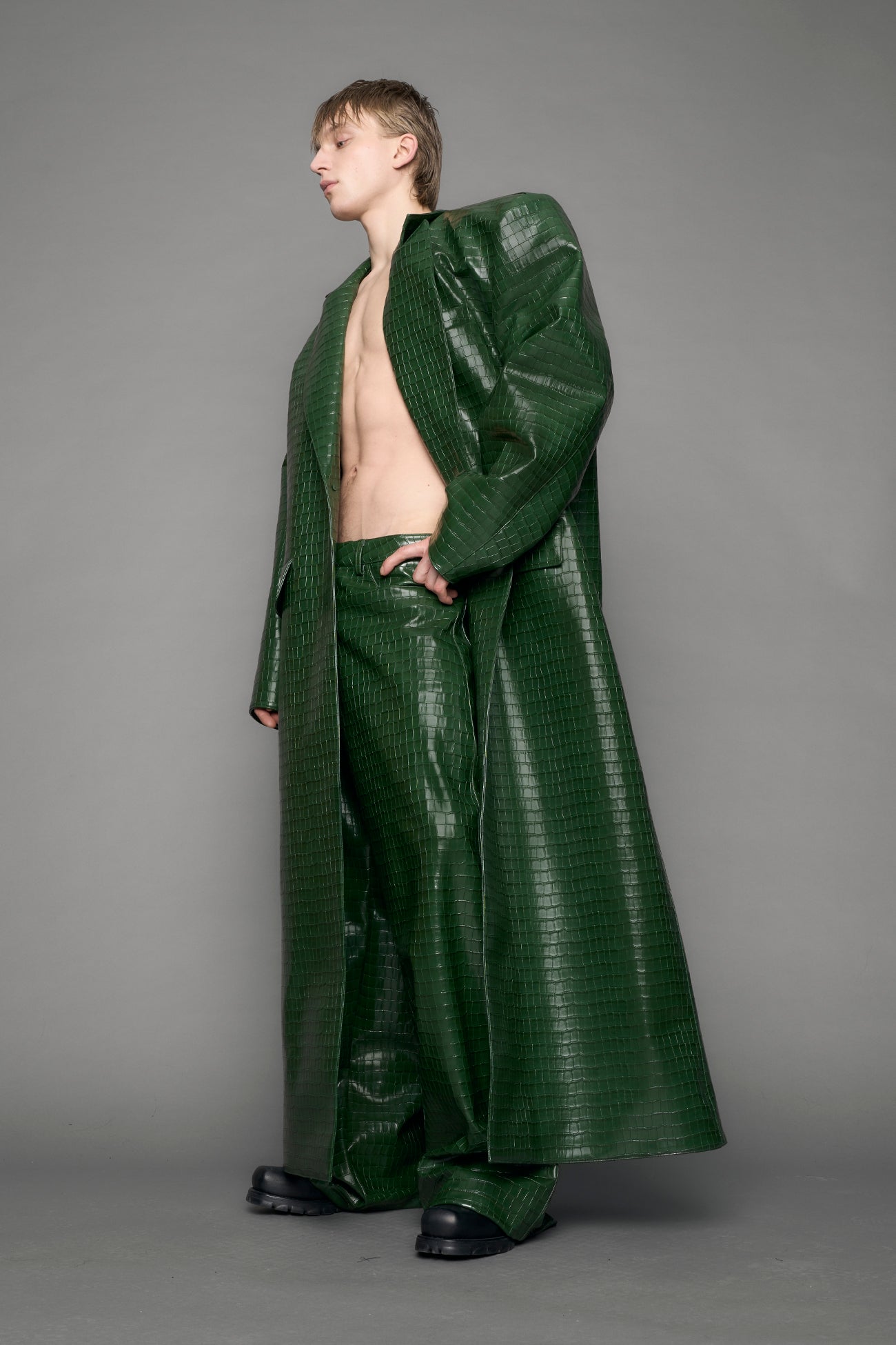 Leather Elongated Croc Blazer Coat — view 7