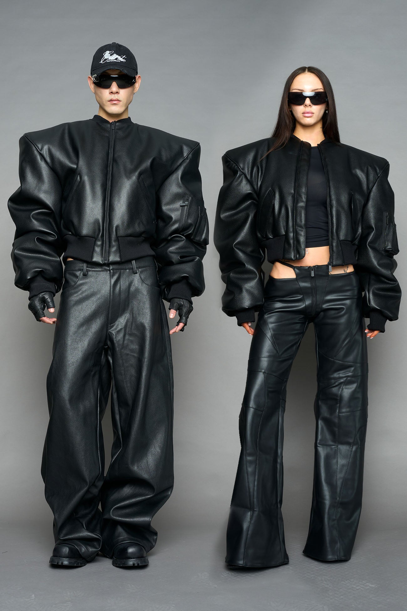 Leather Power Shoulder Bomber Jacket — view 1