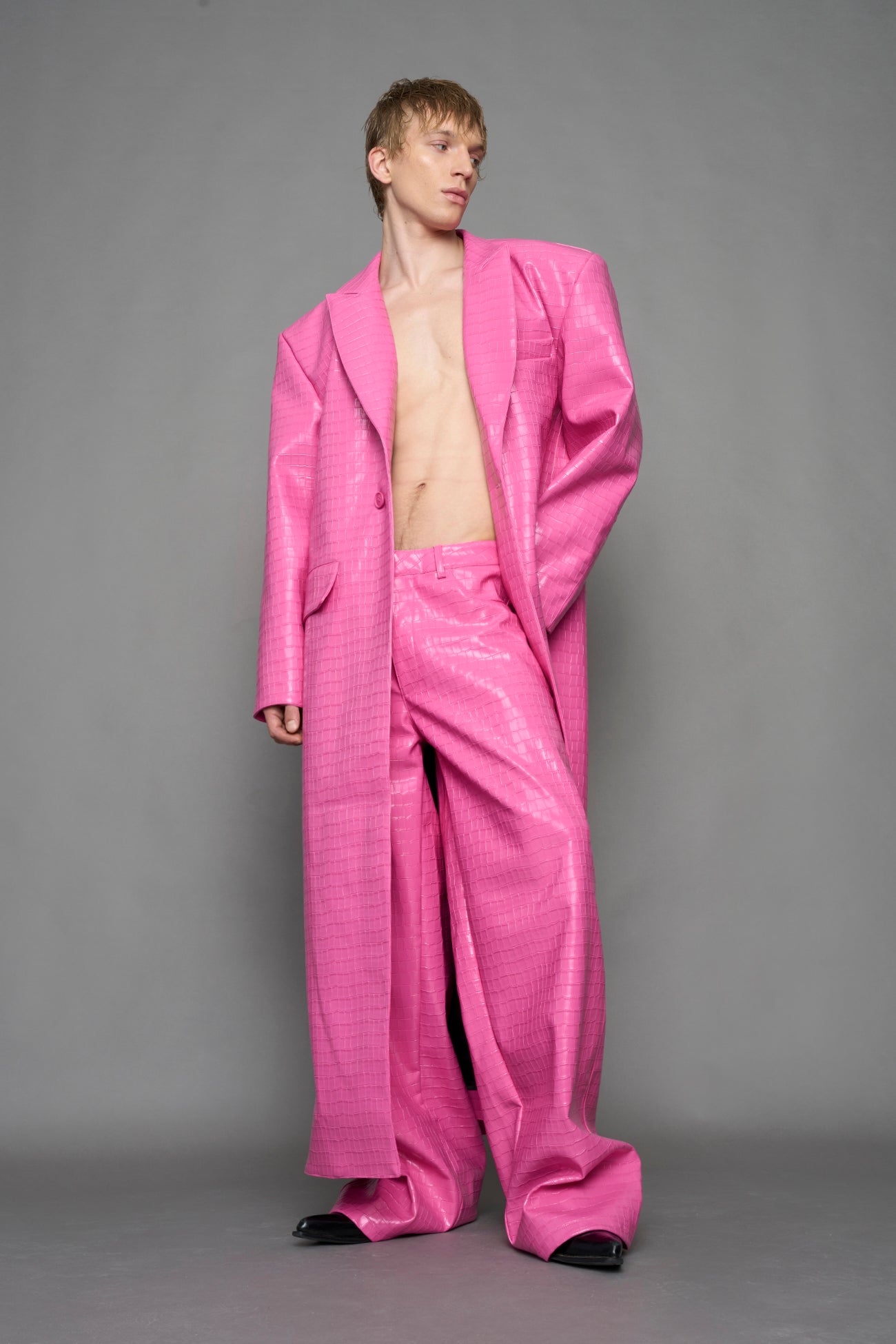 Leather Elongated Croc Blazer Coat — view 7