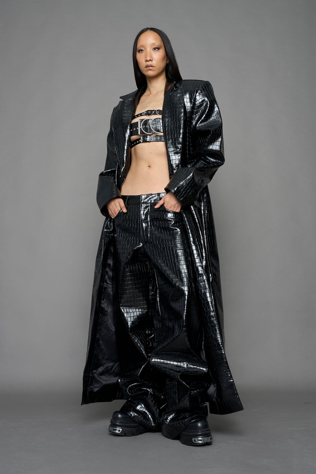 Leather Elongated Croc Blazer Coat — view 2