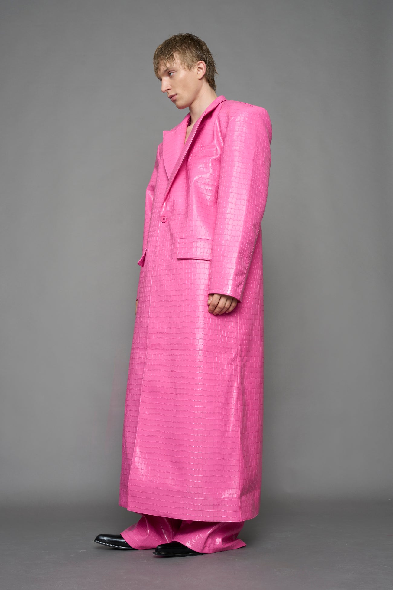 Leather Elongated Croc Blazer Coat — view 8