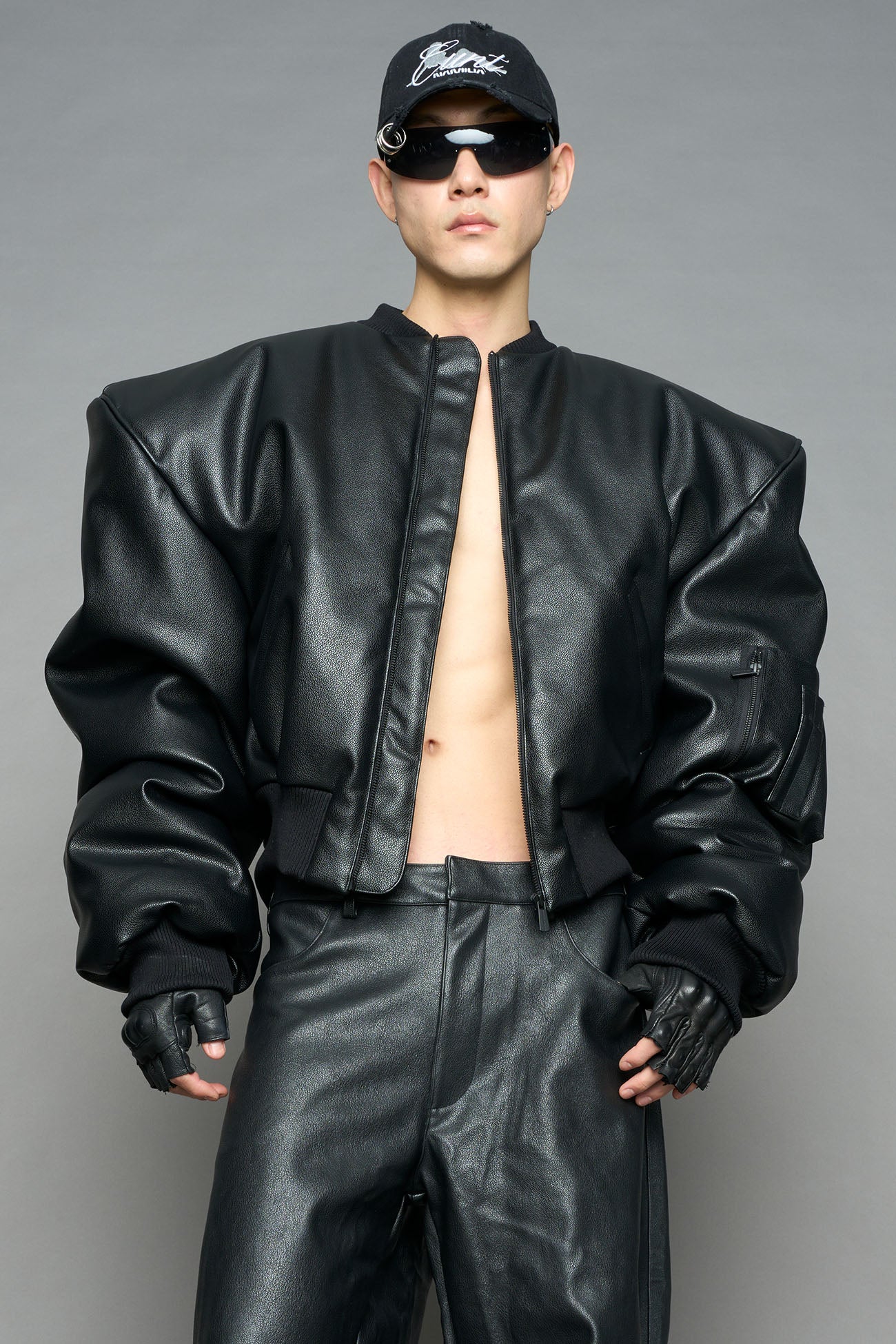 Leather Power Shoulder Bomber Jacket — view 5