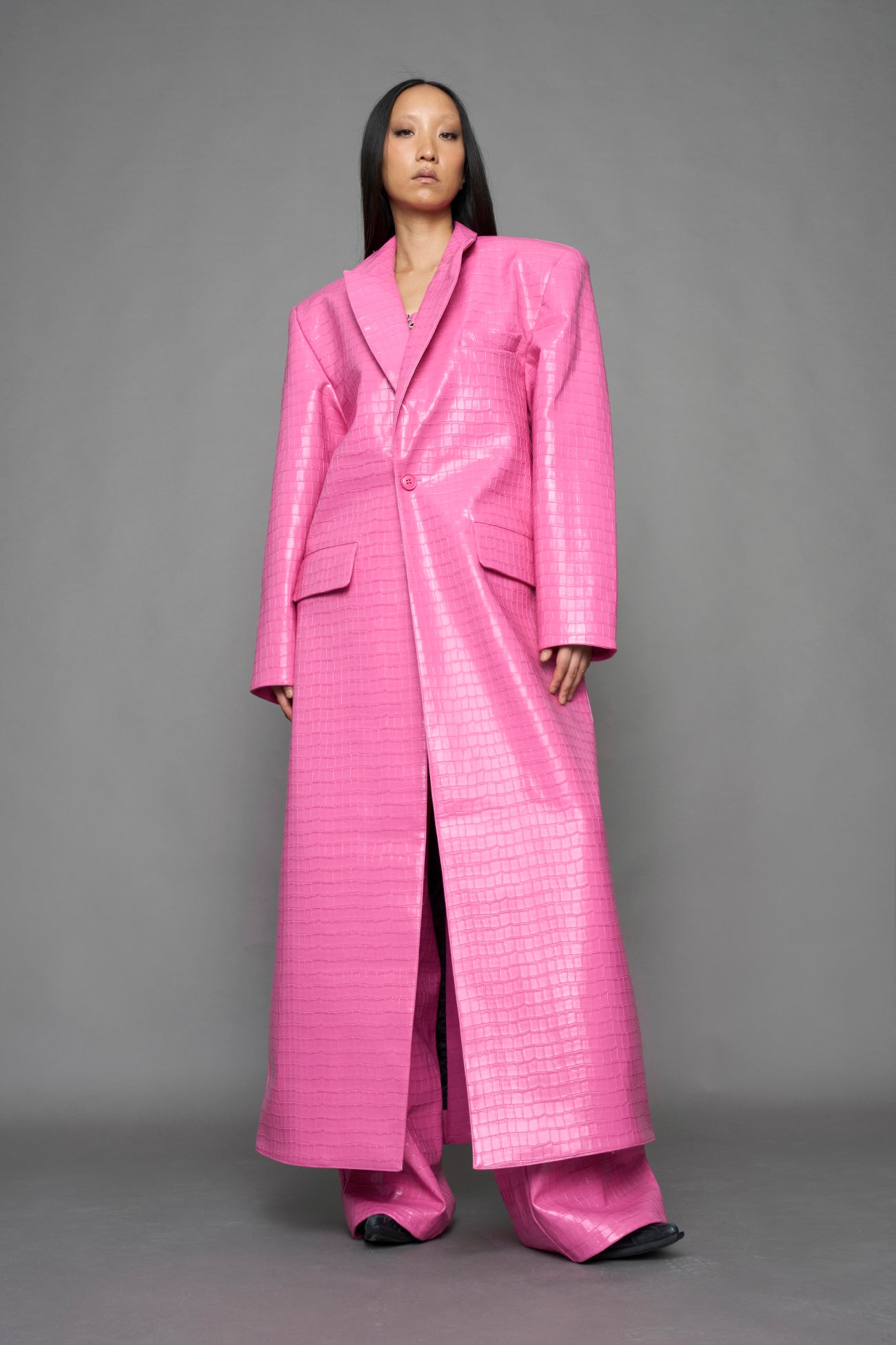 Leather Elongated Croc Blazer Coat — view 2