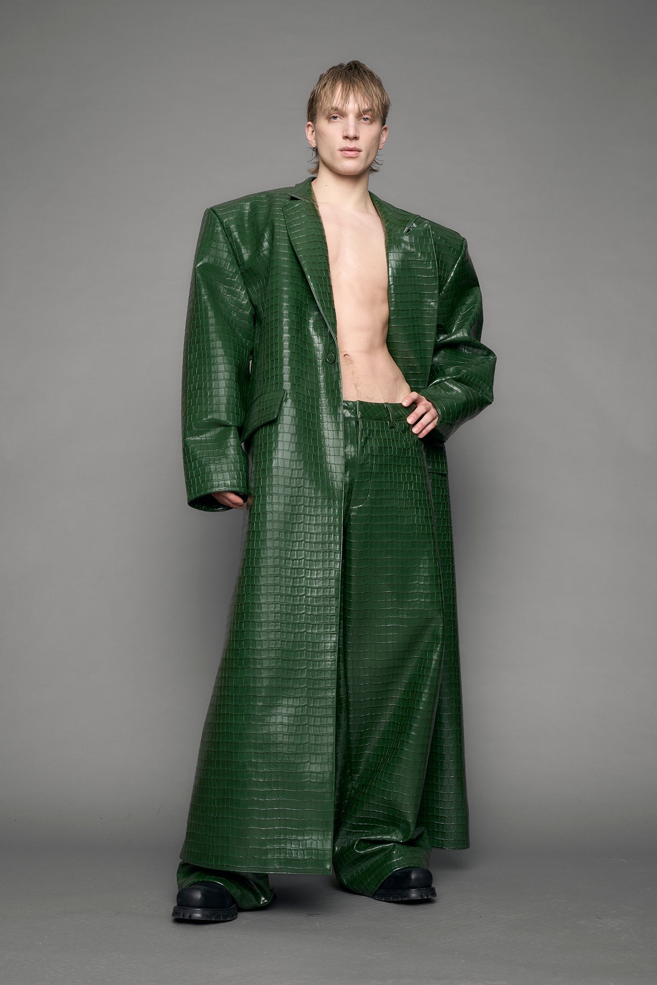 Leather Elongated Croc Blazer Coat — view 5