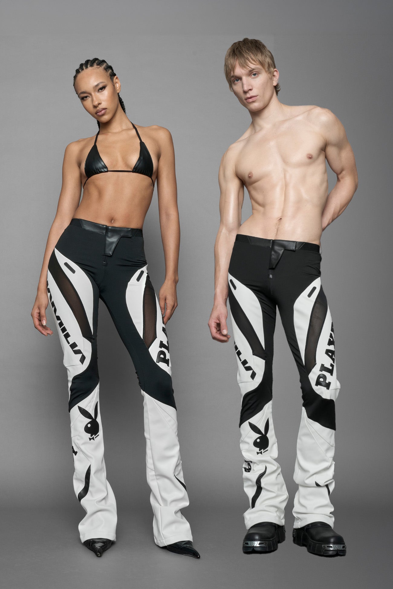 Playboy Moto Mesh Pants White Black — view 1