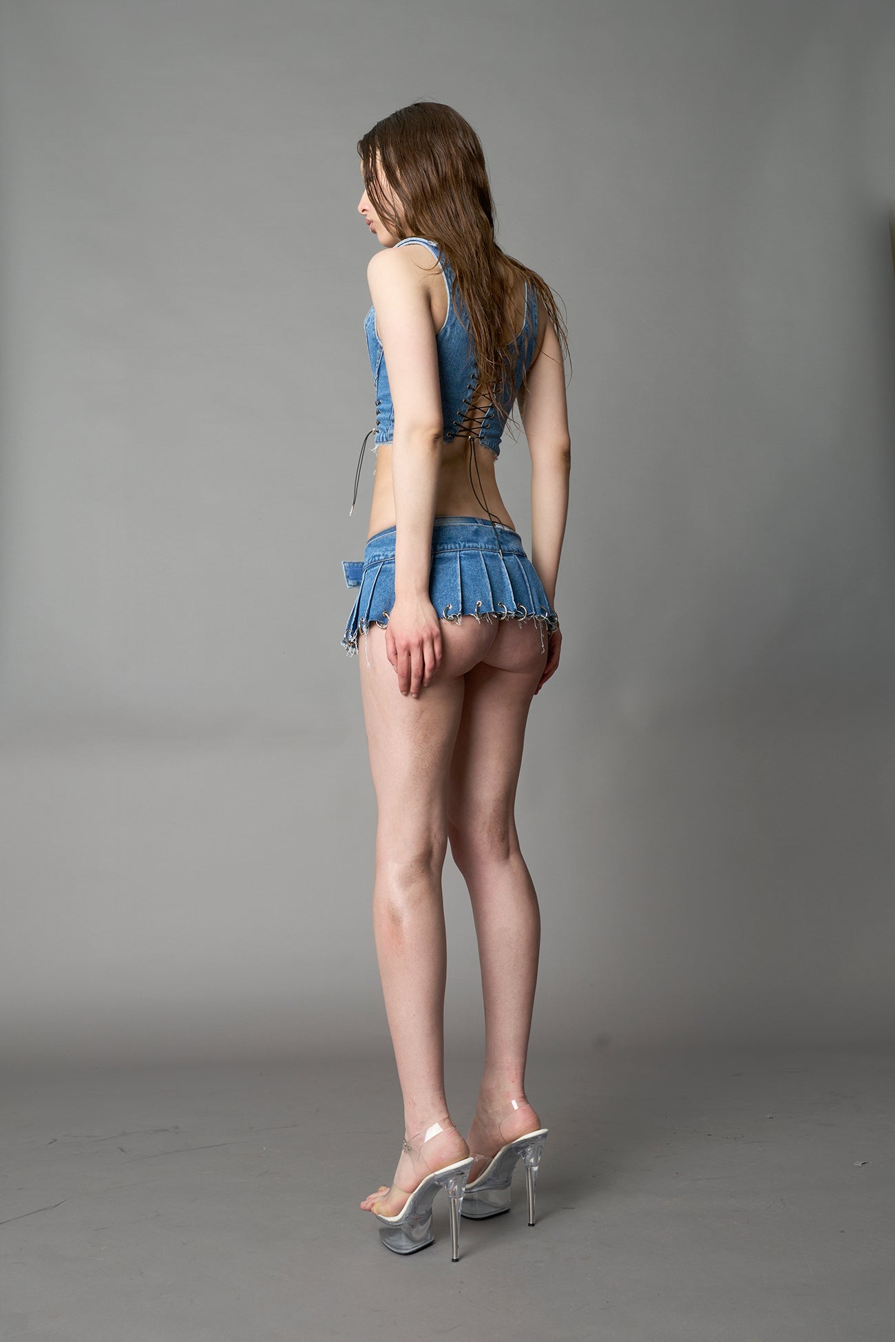 Denim Pleated Mini Skirt With Rings — view 14