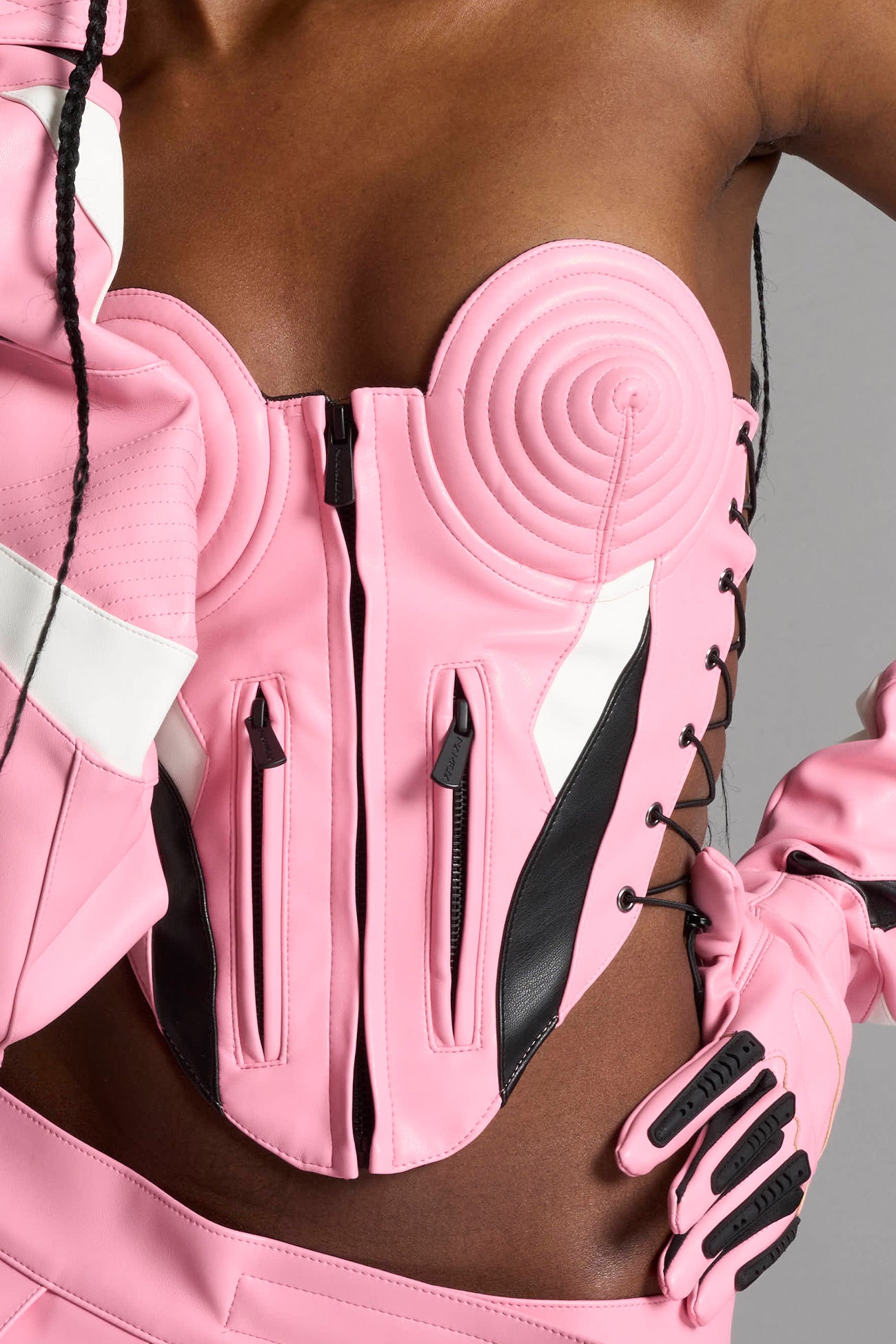 sculptural cone cups with spiral topstitching