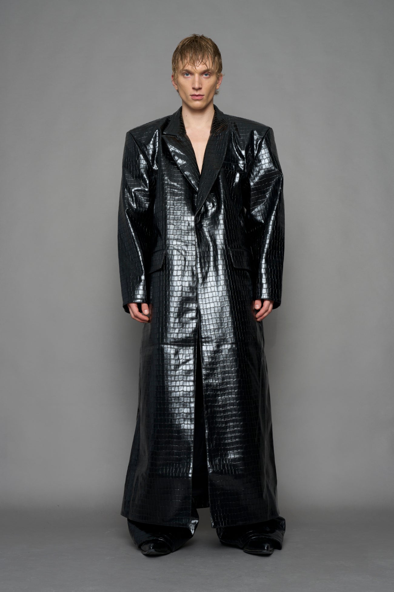 Leather Elongated Croc Blazer Coat — view 5