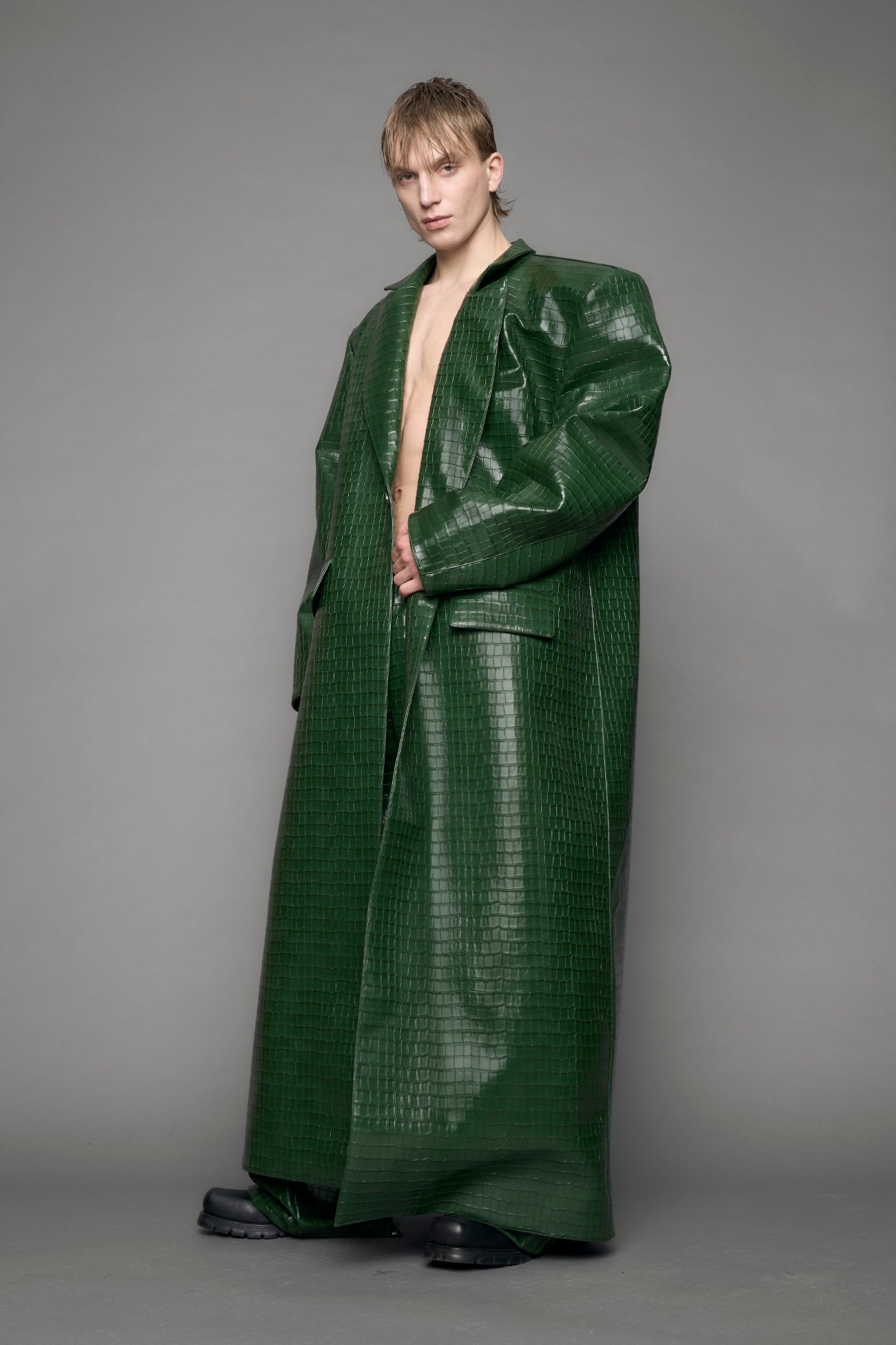 Leather Elongated Croc Blazer Coat — view 8