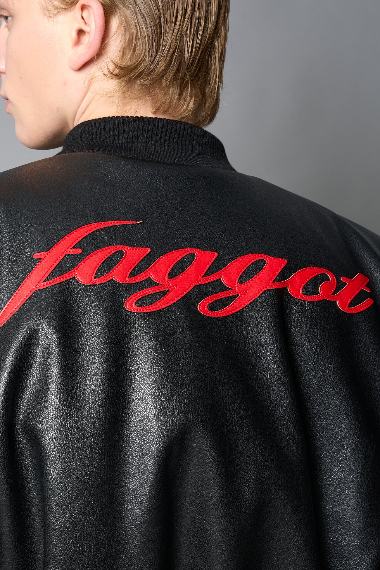 Leather Power Shoulder Bomber Jacket detail