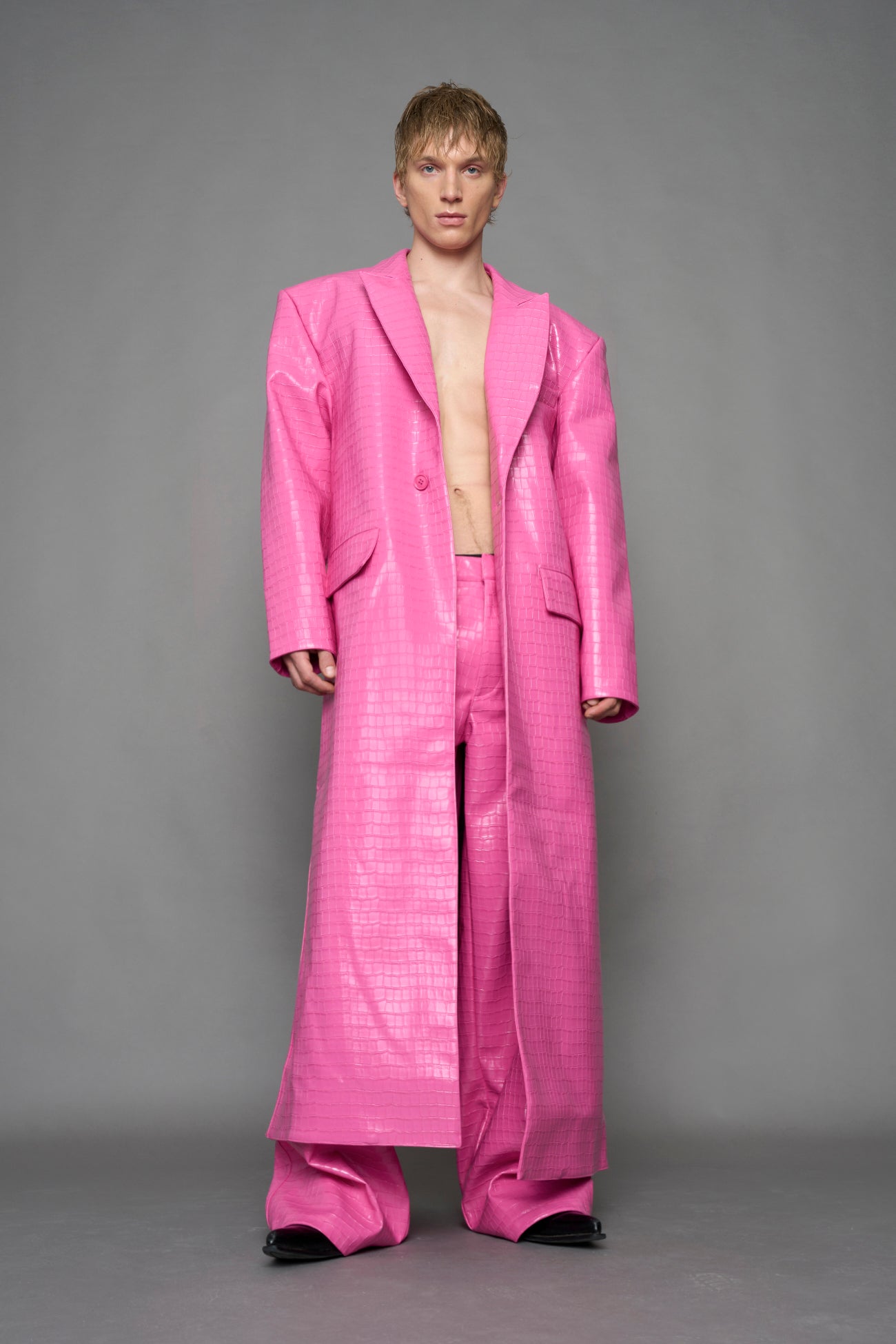Leather Elongated Croc Blazer Coat — view 6