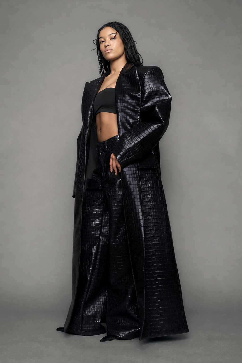Leather Elongated Croc Blazer Coat — view 10