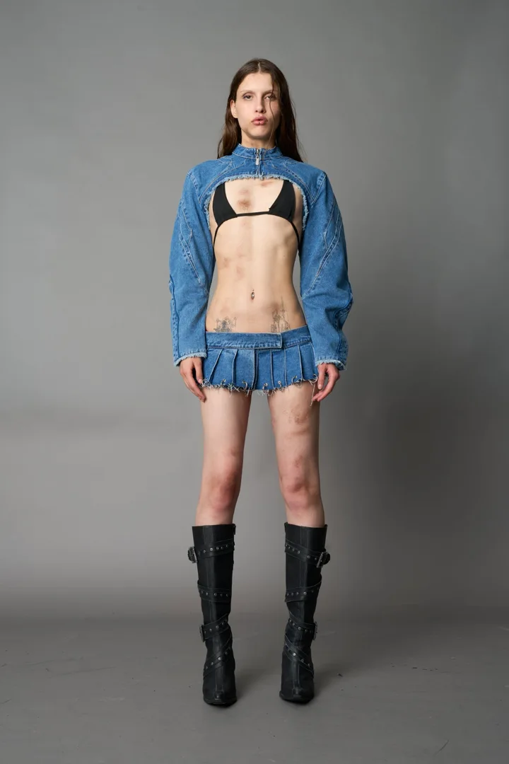Denim Pleated Mini Skirt With Rings